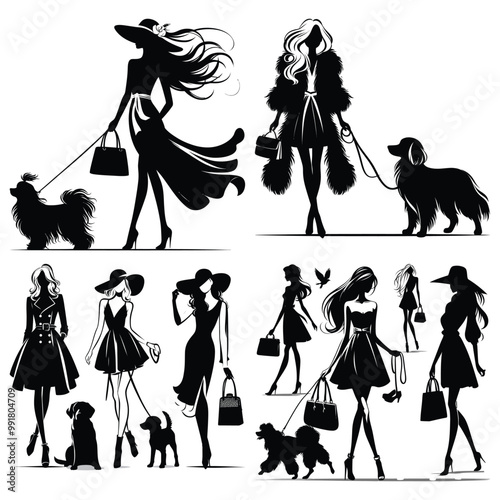 Fashionable women walking dogs, elegant silhouettes black on white, perfect for fashion advertising