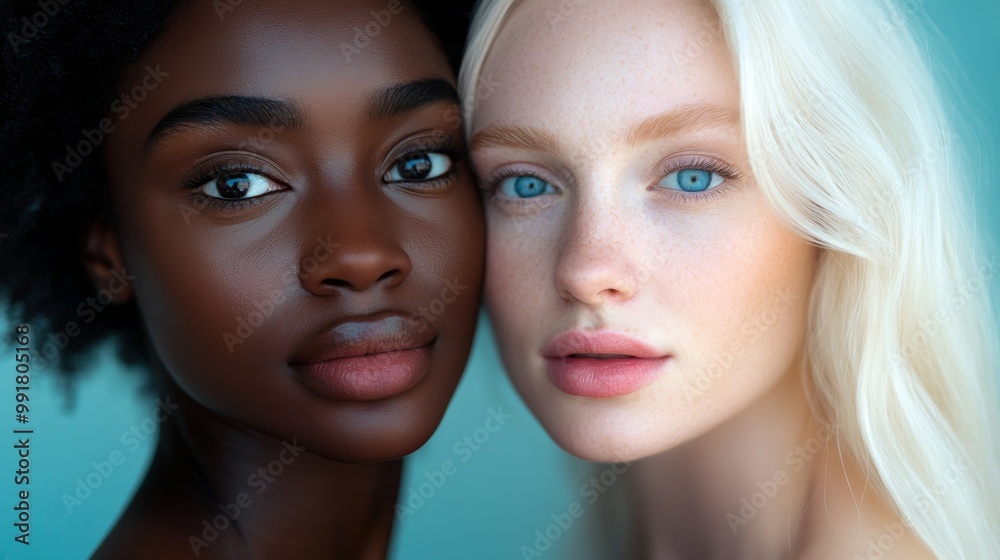 Portrait of two women showcasing diverse beauty with contrasting features and expressions Portrait of two women showcasing diverse beauty with contrasting features and expressions