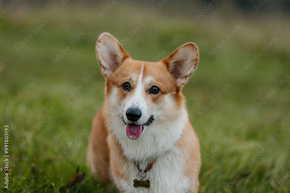 A Pembroke Welsh Corgi dog looks at the camera. A dog in nature at dawn. A Pembroke Welsh Corgi dog looks at the camera. A dog in nature at dawn.