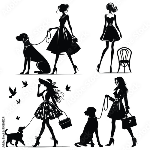 Fashionable women walking dogs silhouettes vector art, black and white, perfect for fashion banners