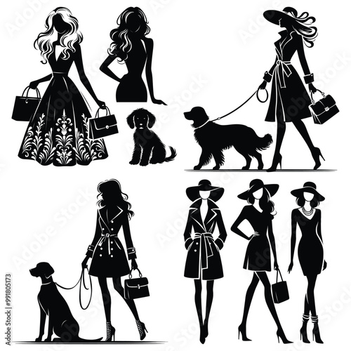 Elegant fashion models with dogs, black and white silhouettes, perfect for luxury brand ads
