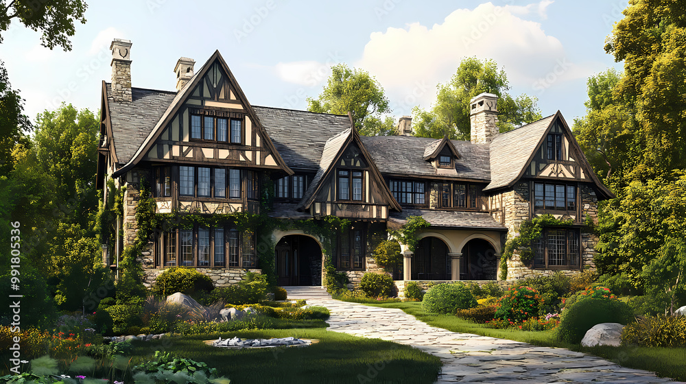 Magnificent tudor style mansion nestled in lush countryside landscape. Tudor Architecture. Illustration Magnificent tudor style mansion nestled in lush countryside landscape. Tudor Architecture. Illustration