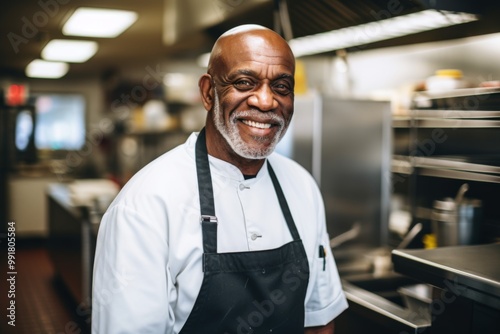 Smiling portrait of a senior male chef in professional kitchen