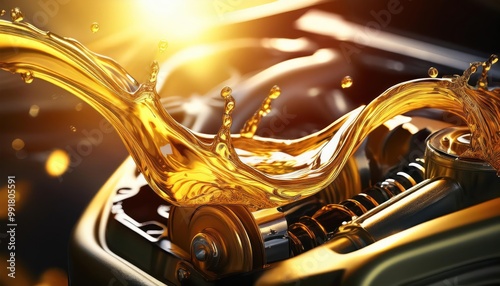 Oil wave splashing in Car engine with lubricant oil. Concept of lubricate motor oil and Gear 