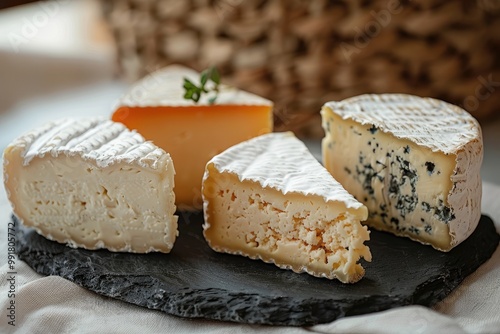 A selection of four different cheeses on a slate board, including brie, cheddar, and blue cheese.