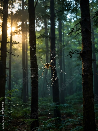 Spider flying through a forest with a glowing web. photo