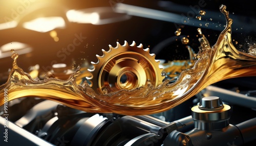 Oil wave splashing in Car engine with lubricant oil. Concept of lubricate motor oil and Gear 