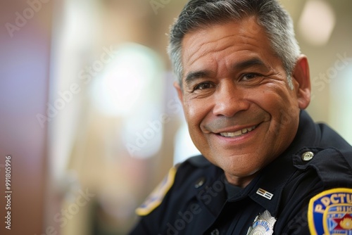 Portrait of a senior male Hispanic police officer in station