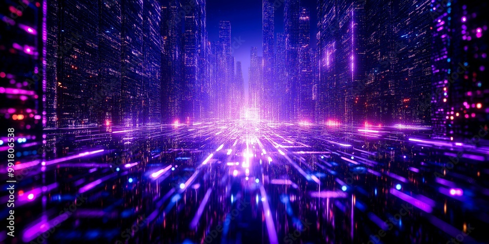 A futuristic cityscape with glowing neon lights and digital data streams illuminates the night sky. A futuristic cityscape with glowing neon lights and digital data streams illuminates the night sky.