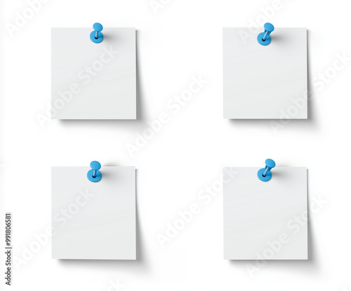 Set white sticky notes with blue push pins on a white background, vector illustration, flat design, simple style, copy space