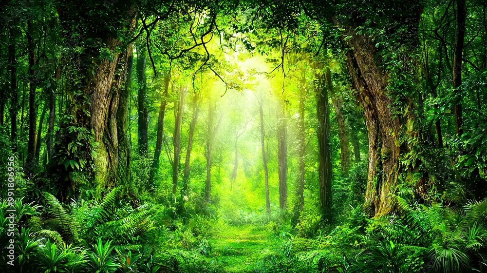 A verdant forest path, enveloped by towering trees on either side, boasts an array of vibrant greenery A verdant forest path, enveloped by towering trees on either side, boasts an array of vibrant greenery