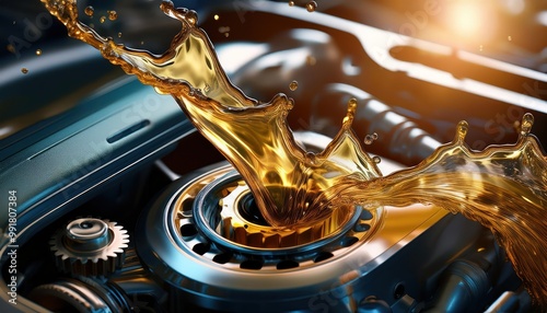 Oil wave splashing in Car engine with lubricant oil. Concept of lubricate motor oil and Gear 