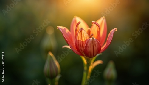 Close-up of luminous flower blooming in lush garden with vibrant colors and dreamy background
