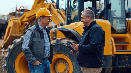 Builder choosing heavy machinery for construction with a sales consultant on the open ground of a shop with special vehicles