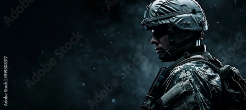 A determined soldier stands at attention, clad in military gear, prepared for battle. His expression reflects unwavering courage and readiness for the challenges ahead photo