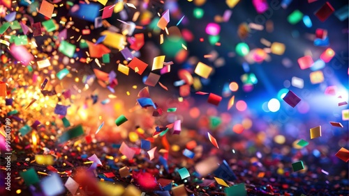 Colorful confetti falling against festive bokeh background