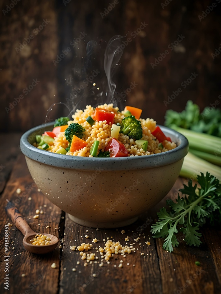 Steaming bowl of couscous with fresh veggies on a rustic table. Steaming bowl of couscous with fresh veggies on a rustic table.