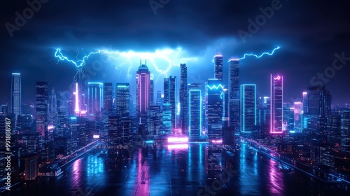 Wallpaper Mural A stunning cityscape featuring financial towers illuminated by neon lights during a dramatic lightning storm, showcasing a futuristic urban landscape. Torontodigital.ca