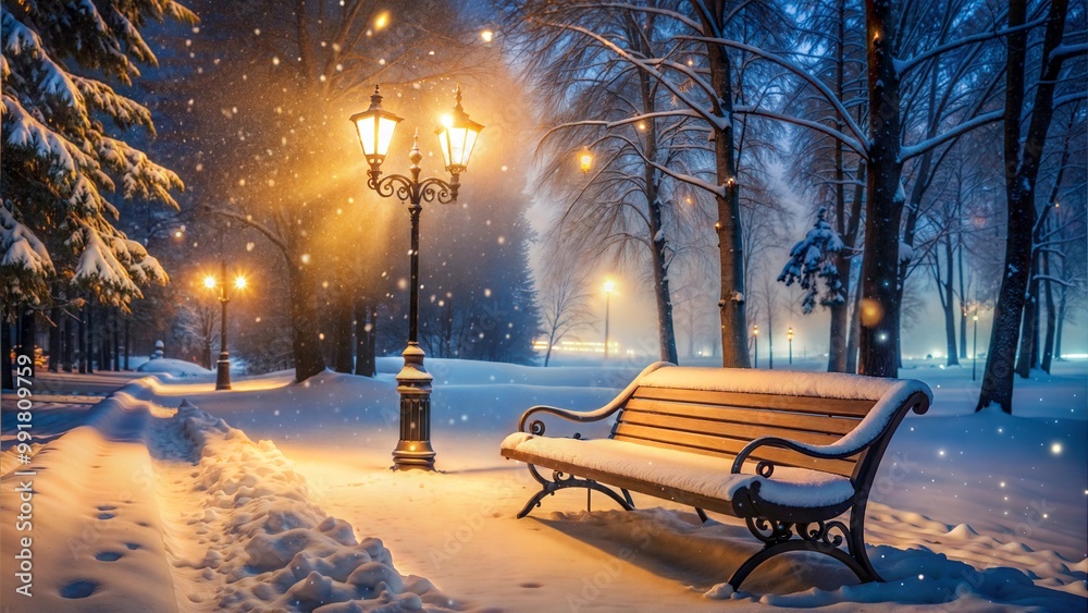 Snow-covered park bench and streetlight on quiet winter night Snow-covered park bench and streetlight on quiet winter night