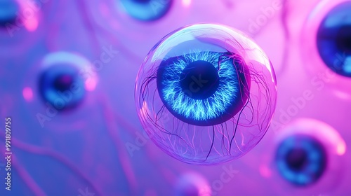 A close-up of a blue eye enclosed in a glass sphere, surrounded by other blue eyes, on a pink and blue background.