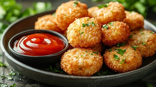 Crispy fried cheese balls with ketchup on a plate.