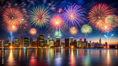 Colorful fireworks above city skyline reflecting on water at night