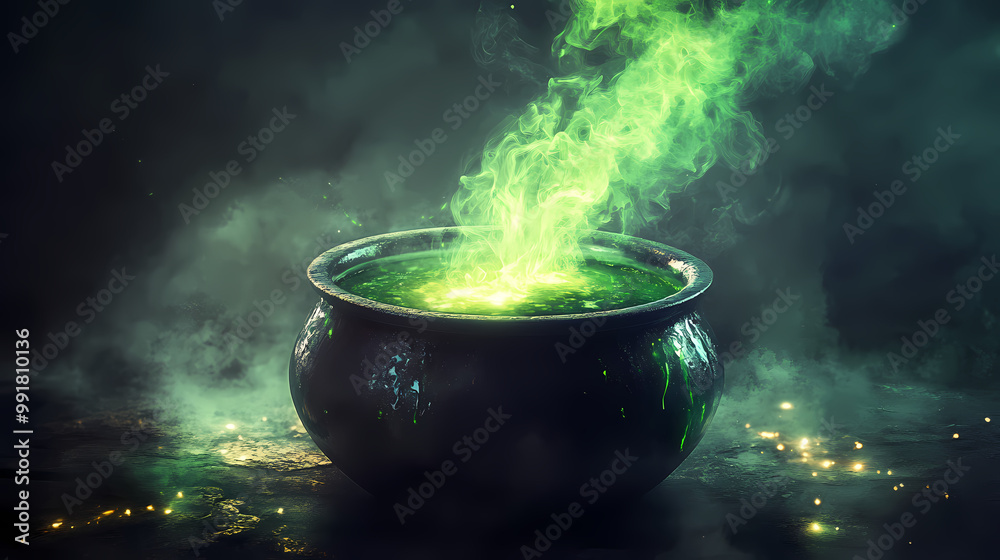 Magic potion brewing in a cauldron with green smoke and sparks. Magic Potion. Illustration Magic potion brewing in a cauldron with green smoke and sparks. Magic Potion. Illustration