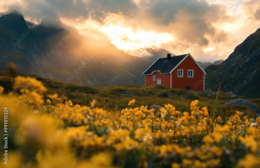 an orange house in the distance, surrounded by yellow flowers and mountains, in Norway at dawn