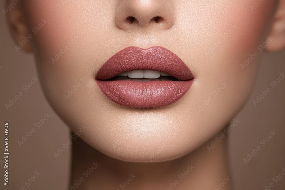 Close-up of a woman's glossy lips with soft pink lipstick highlighting beauty and charm Close-up of a woman's glossy lips with soft pink lipstick highlighting beauty and charm
