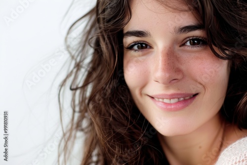 Portrait of a woman with dark brown hair on a white background, hair coloring. photo