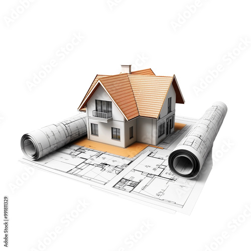 House model with orange roof placed on architectural blueprints, symbolizing home construction, design, and real estate planning