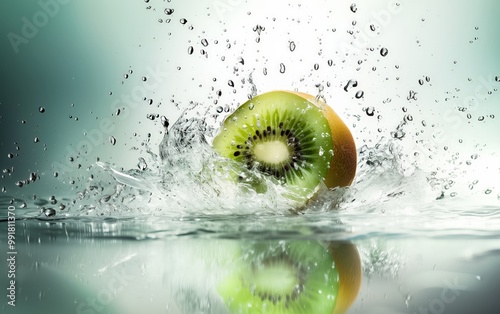 A sliced kiwi fruit splashes into water, creating a burst of droplets around the green flesh and black seeds. photo