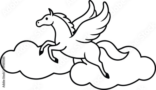 Pegasus Soaring in the Clouds Fantasy Vector Art for Kids Coloring Fun 