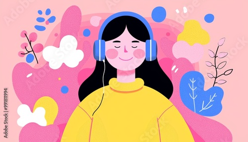 Illustration of a girl with headphones, enjoying music against a colorful background, ideal for relaxation and digital art themes.