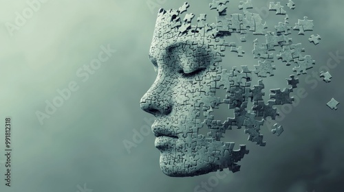 Puzzle-like face in mid-air, symbolizing emotional confusion and identity loss