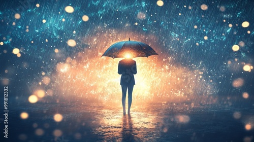 Person standing in the rain with glowing umbrella symbolizing emotional protection