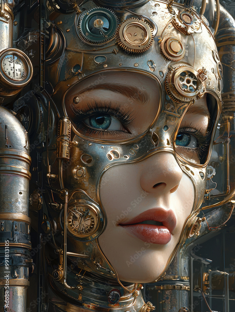 detailed digital illustration of person wearing steampunk inspired mask, featuring intricate gears and metallic elements. expression conveys sense of mystery and intrigue detailed digital illustration of person wearing steampunk inspired mask, featuring intricate gears and metallic elements. expression conveys sense of mystery and intrigue