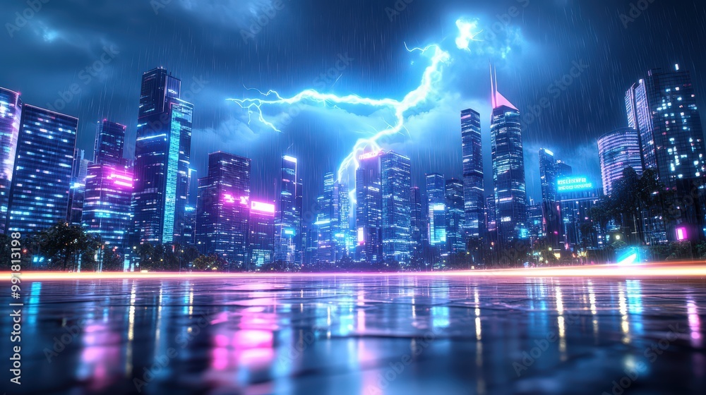 A dramatic thunderstorm illuminates a city skyline with striking lightning, causing power outages and showcasing the raw power of nature against urban life. A dramatic thunderstorm illuminates a city skyline with striking lightning, causing power outages and showcasing the raw power of nature against urban life.