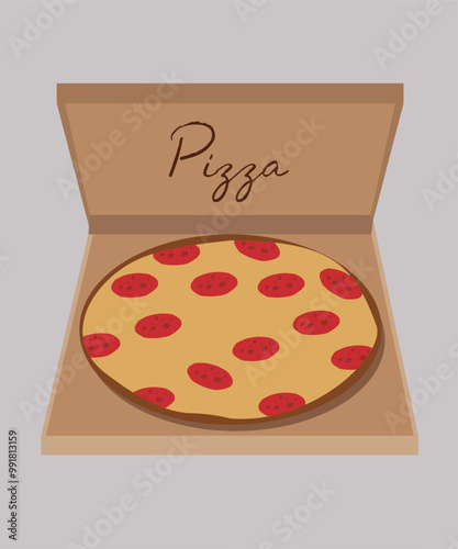 Flat Design Illustration with Box At Pizza and Pepperoni,Cheese Taste