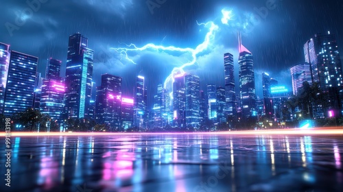 Wallpaper Mural A dramatic thunderstorm illuminates a city skyline with striking lightning, causing power outages and showcasing the raw power of nature against urban life. Torontodigital.ca