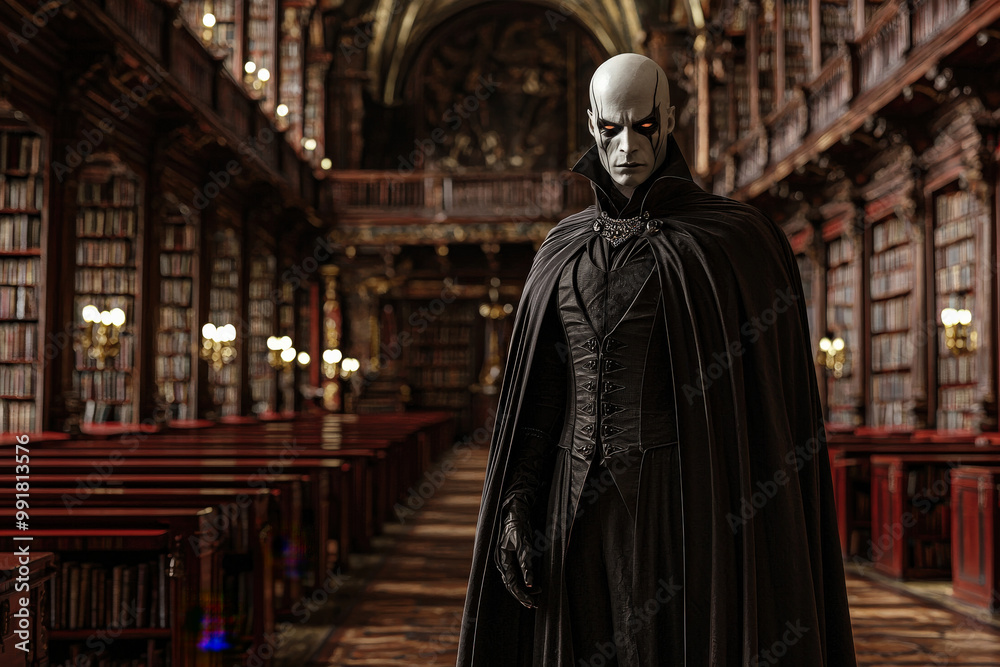 Naklejka premium mysterious figure in dark cloak stands in ornate library filled with books, exuding eerie yet captivating presence. atmosphere is rich with history and intrigue