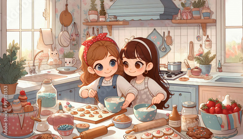 Baking Fun: Girl Mixing Ingredients in the Kitchen. Generative AI