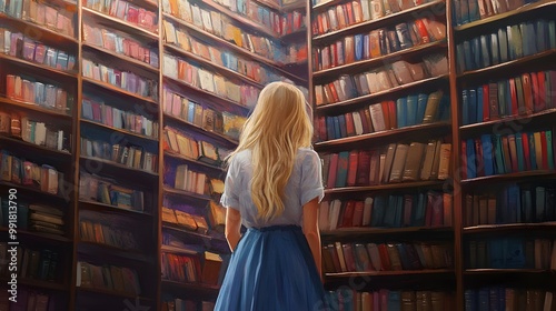 A Woman Standing Before a Wall of Books in a Library photo