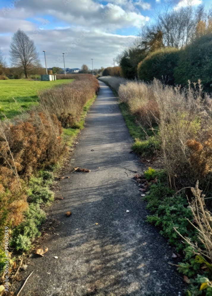 Quiet country path lined with bare trees and hedgerows. Quiet country path lined with bare trees and hedgerows.