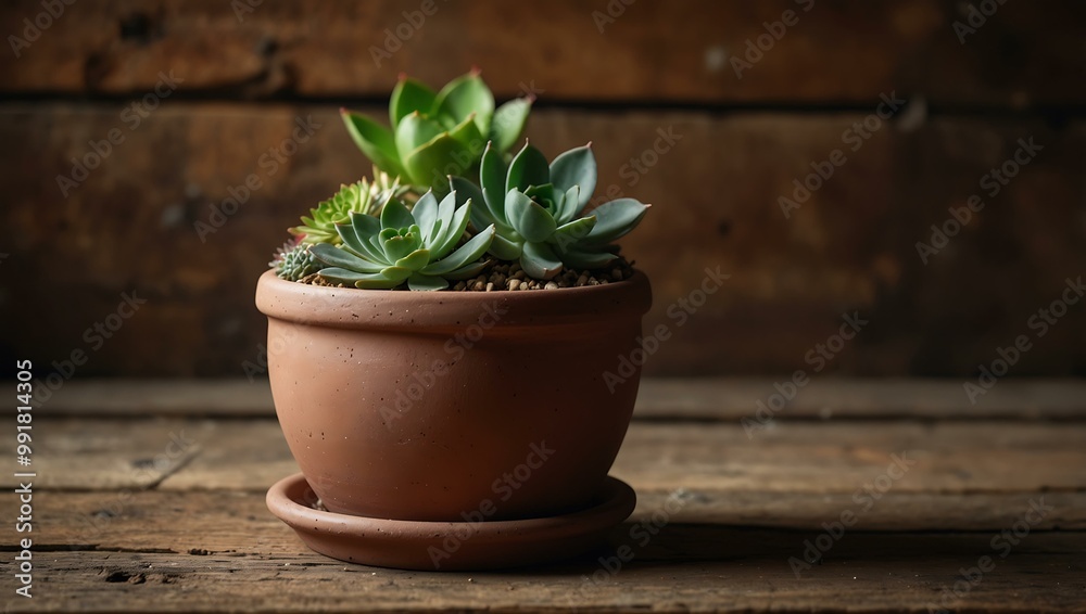Succulents in a clay pot on an old wooden table. Succulents in a clay pot on an old wooden table.