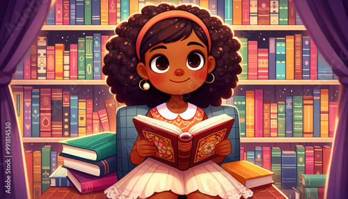 Reading Bliss: Girl with Bookshelf Backdrop. Generative AI
