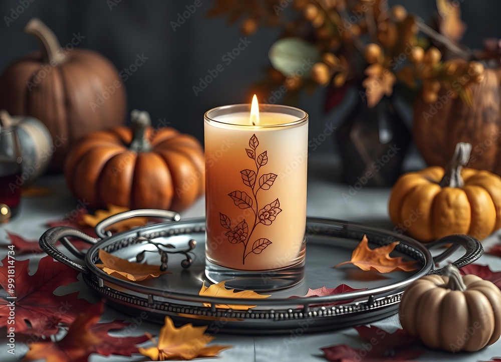 An exquisitely designed candle on an elegant tray, surrounded by autumnal decorations such as leaves and pumpkins, creates a warm and cozy atmosphere for a product photo shoot. The photography uses fo An exquisitely designed candle on an elegant tray, surrounded by autumnal decorations such as leaves and pumpkins, creates a warm and cozy atmosphere for a product photo shoot. The photography uses fo