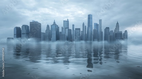 Urban landscape underwater with skyscrapers drowning, symbolizing global climate crisis