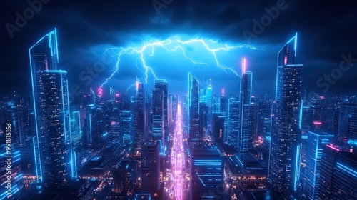 Wallpaper Mural Dramatic thunderstorm lights up a futuristic city skyline. Lightning strikes illuminate the neon buildings, creating a mesmerizing urban atmosphere. A stunning visual masterpiece. Torontodigital.ca