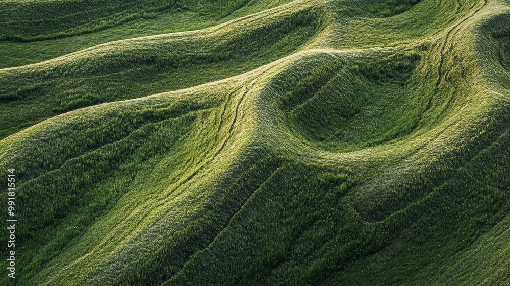 Close-up of undulating green fields showcasing natural textures and patterns in serene landscapes